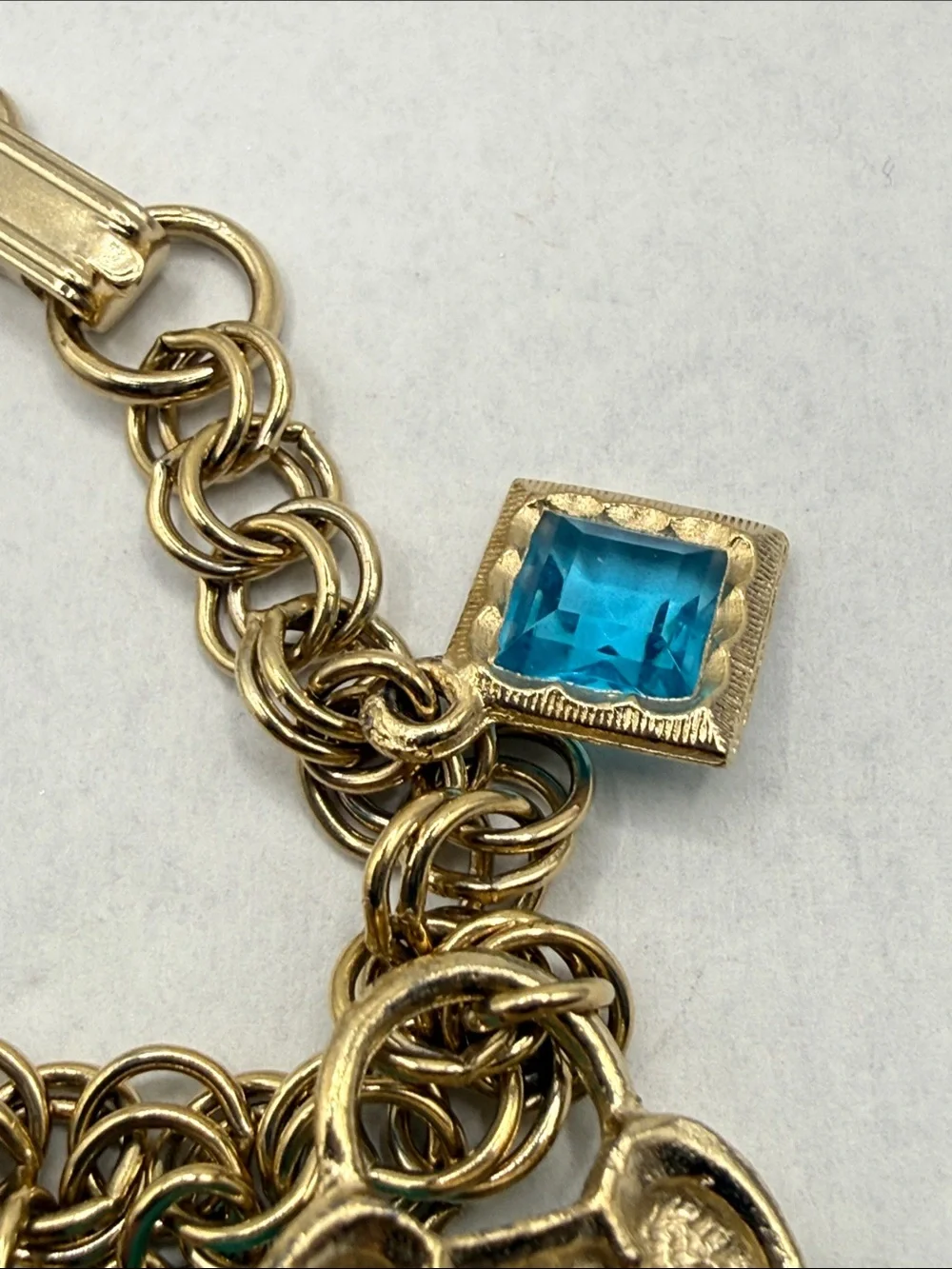 Whimsy Gold-Tone Charm Bracelet with Aqua Beads and Purple Teardrops lock & key